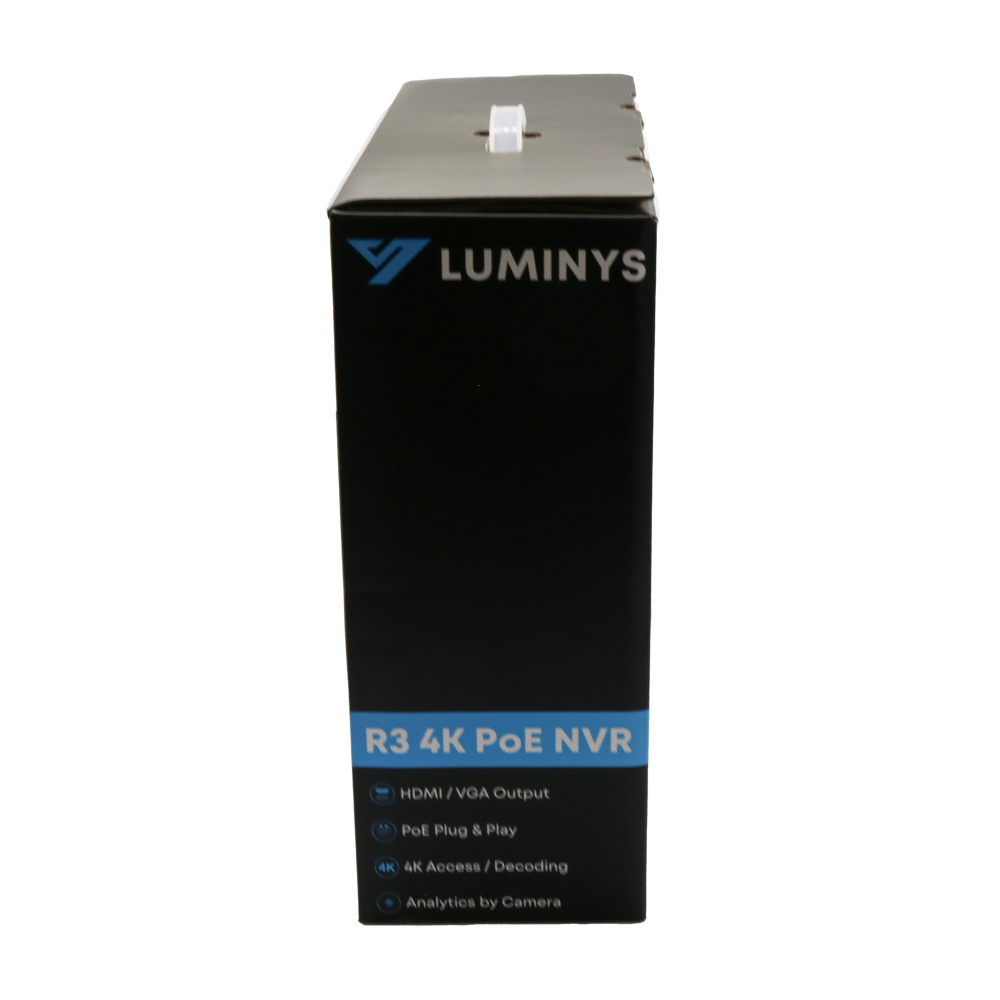 Luminys R32-8PA R3 Starter Series NVR, retail packaging, side view