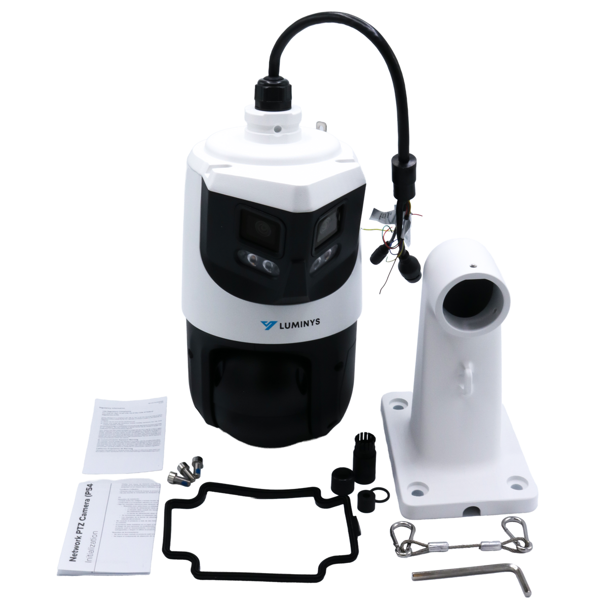 Luminys P54-4DA25 4MP Network 25x LumiDeterrent Dual-Stitched Lens PTZ Camera, mounted on the included wall bracket