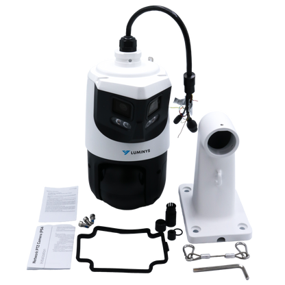 Luminys P54-4DA25 4MP Network 25x LumiDeterrent Dual-Stitched Lens PTZ Camera, mounted on the included wall bracket