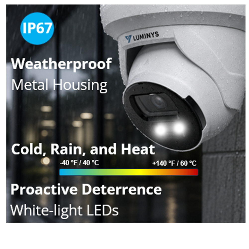 Luminys N3T-5KA2 Luminys N3T-5DA2: 5MP Network LumiDeterrent Flashing White-light Turret Camera, product view