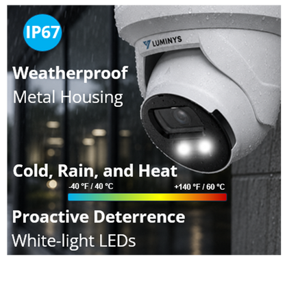 Luminys N3T-5KA2 Luminys N3T-5DA2: 5MP Network LumiDeterrent Flashing White-light Turret Camera, product view