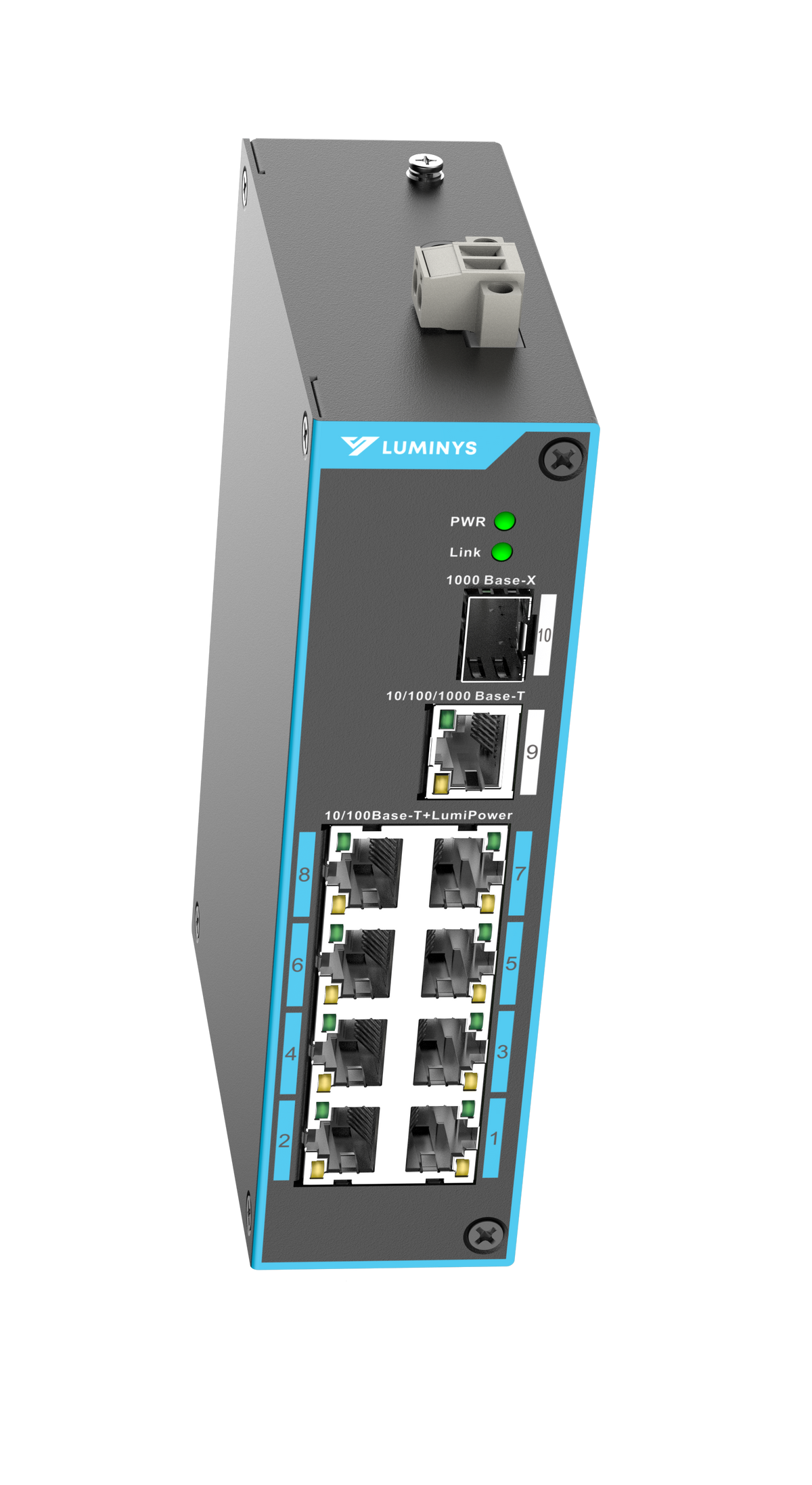Luminys SUL-10MLA Luminys 8-Port LumiPower UnManaged Megabit Switch, left angle view