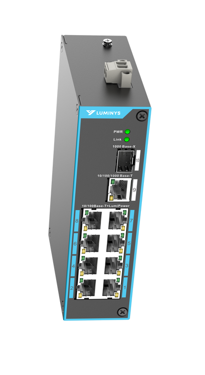 Luminys SUL-10MLA Luminys 8-Port LumiPower UnManaged Megabit Switch, left angle view