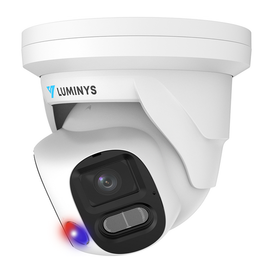 Luminys N5P-8DA2 2 x 4MP LumiDeterrent Series Stitched Turret Camera, left angle view