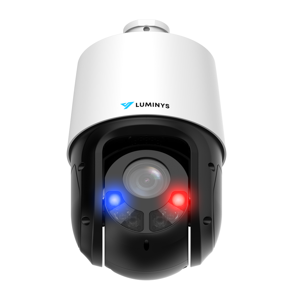 Luminys P54-4DB25 4MP Network 25x LumiDeterrent PTZ Camera, front view, angled up