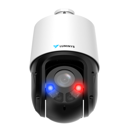 Luminys P54-4DB25 4MP Network 25x LumiDeterrent PTZ Camera, front view, angled up