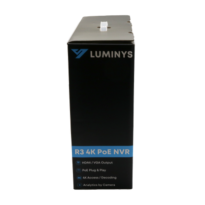 Luminys R32-8PA R3 Starter Series NVR, retail packaging, side view