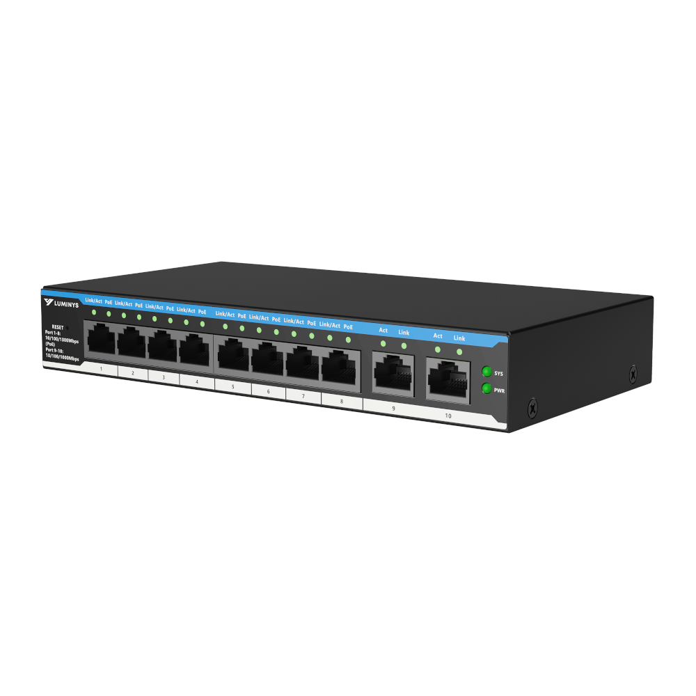 Luminys SML-10GPA 8-port PoE switch, left angle view