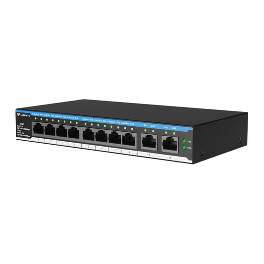 Luminys SML-10GPA 8-port PoE switch, left angle view
