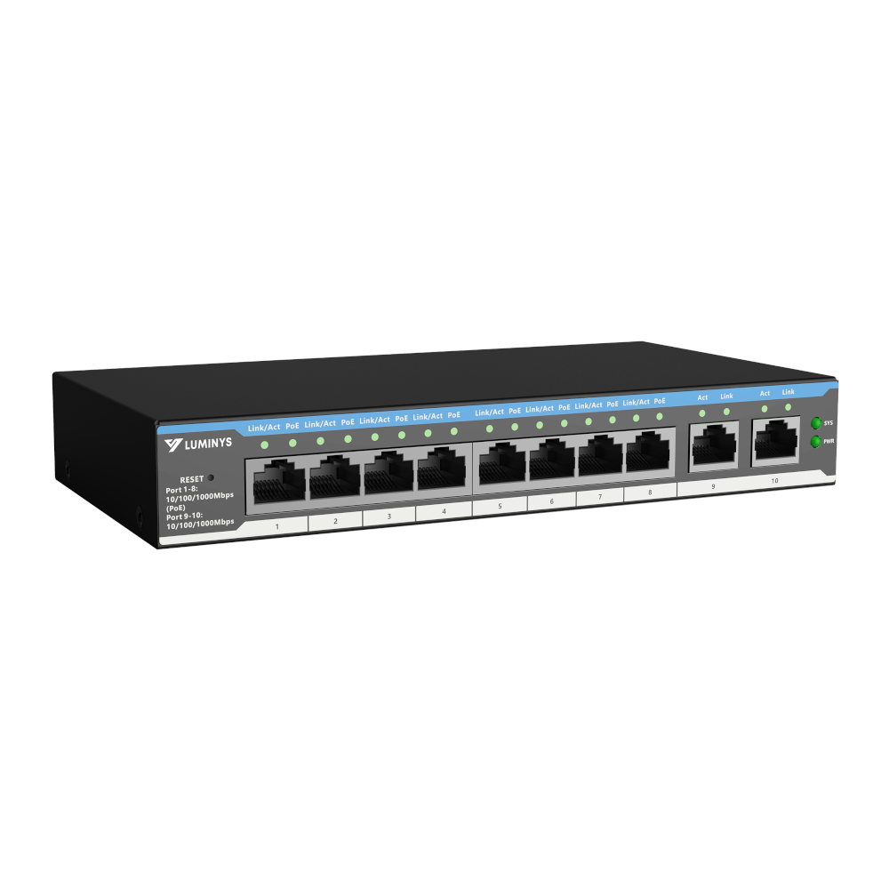 Luminys SML-10GPA 8-port PoE switch, right angle view