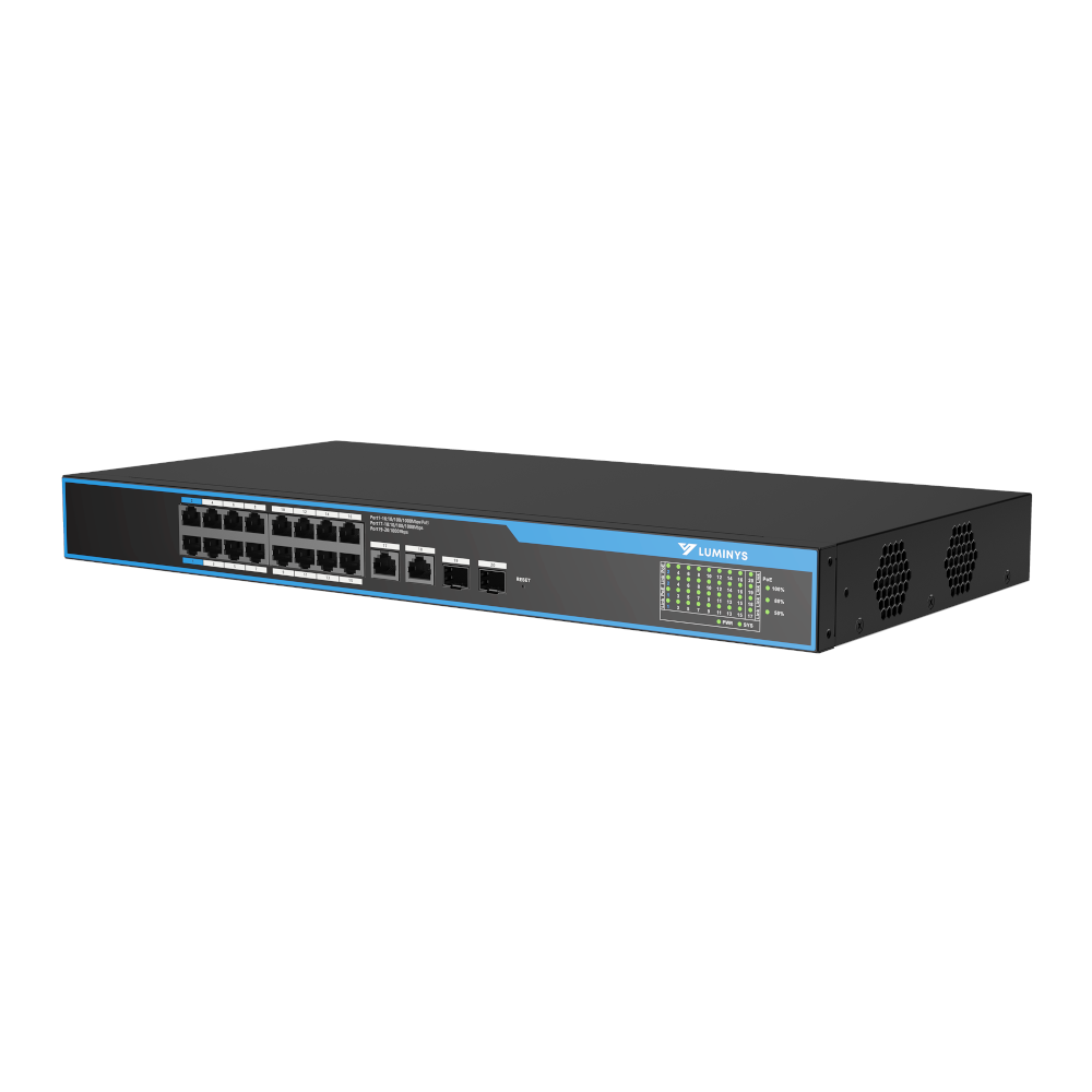 Luminys SML-20GPA 16-port PoE switch, left angle view