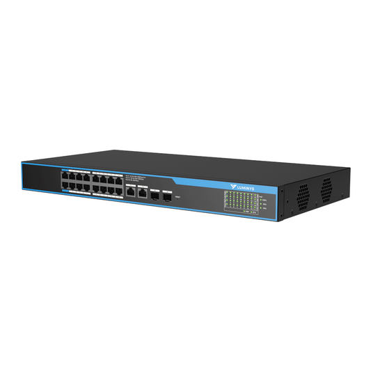 Luminys SML-20GPA 16-port PoE switch, left angle view