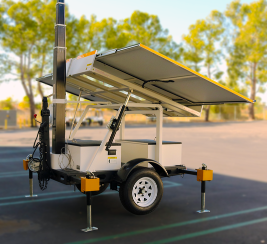 Luminys TG-113A LumiGuardian Solar Security Trailer, deployed in a parking lot (cameras shown not included)